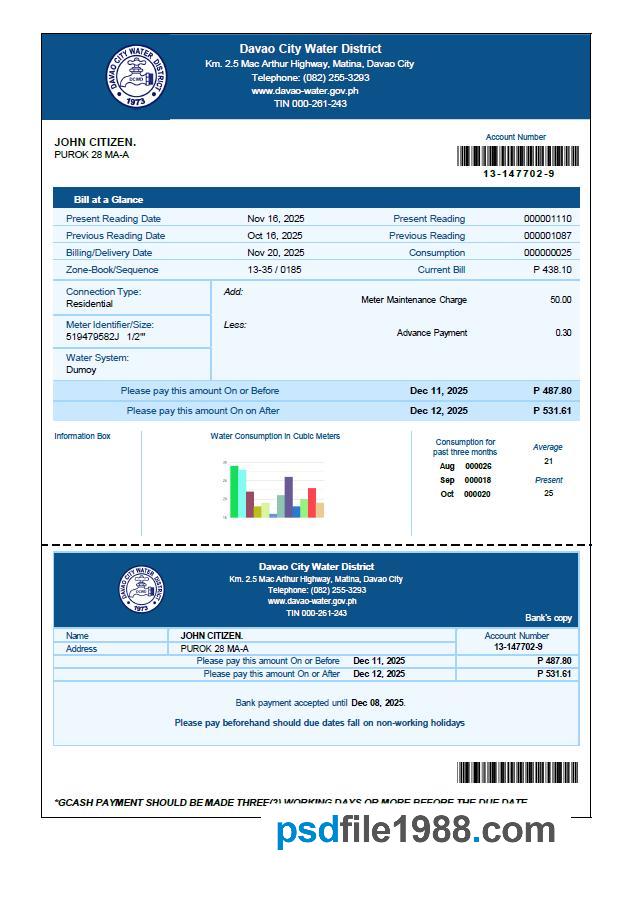 Philippines Davao City Water District Utility Bill